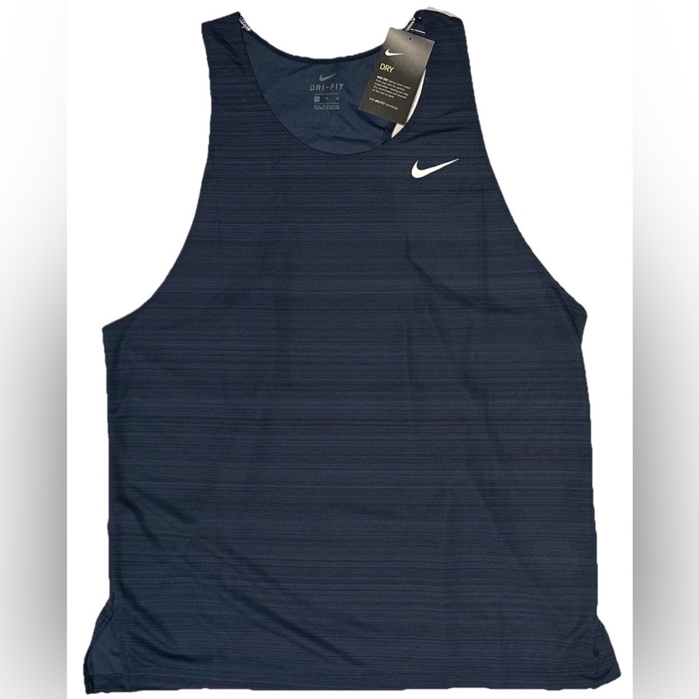 NEW NIKE SHIRT MENS XL RUNNING TANK OPEN BACK GYM WORKOUT NAVY BLACK Dri Fit